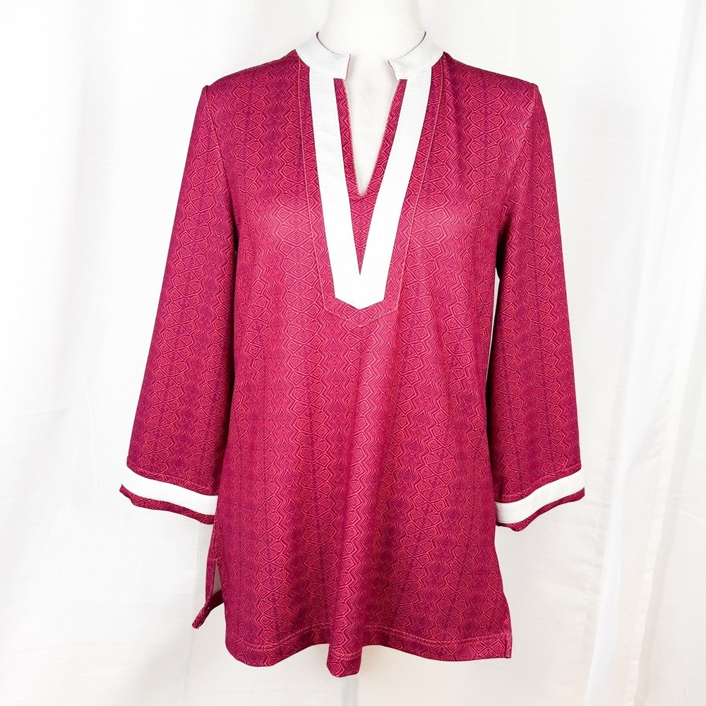 Peter Millar Womens Tunic Top S Pink White UPF 50 Stretch Geo 3/4 Sleeve EUC